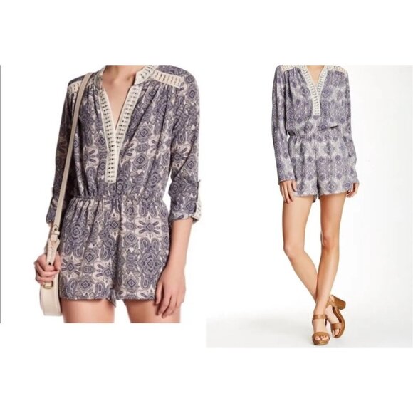 Romeo & Juliet Romper Couture‎ Blue Ivory Paisley Roll Tab Sleeve Medium NEW NWT - Picture 4 of 11